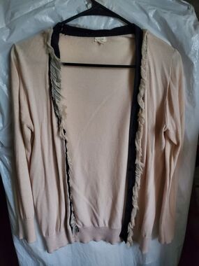 Vintage J. Crew Pale Blush Open-Front Ruffle Trim Cardigan